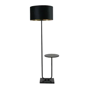 ValueLights Tavel Black Floor Lamp with Table and Black Velvet with Gold Inner Lamp Shade and Bulb