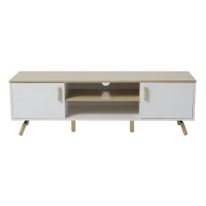 140 x 40 x 45cm TV Stand with Doors and Open Shelves White and Natural