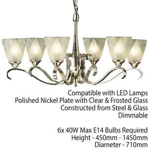 Luxury Hanging Ceiling Pendant Light Bright Nickel Deco Glass 6 Lamp Chandelier