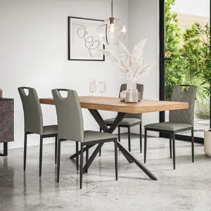 Donni Dining Table And Chairs -  Oak Effect Table Top w Black Legs + Monza Linen Dining Chair Set Of 6 (Grey)