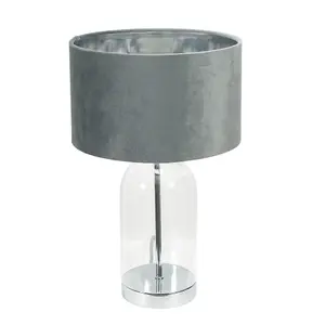 ValueLights Jessy Glass with Silver Table Lamp with Grey Velvet with Chrome Inner Lamp Shade and LED Bulb