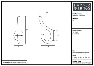 Hammer & Tongs - Hat & Coat Hook - W25mm x H80mm - Black