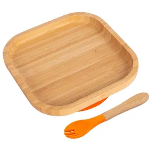 Bamboo Square Baby Weaning Plate & Fork Set - Orange