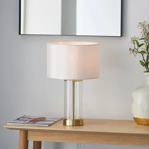 Luminosa Lessina Base & Shade Table Lamp, Satin Brass Plate, Glass, Vintage White Fabric