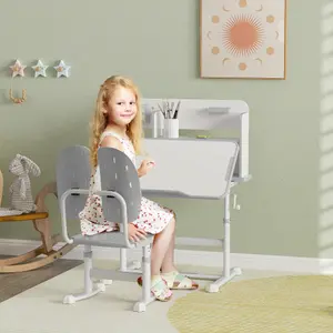 AIYAPLAY Kids Desk and Chair Set w/ Tiltable Desktop Reading Rack - Grey