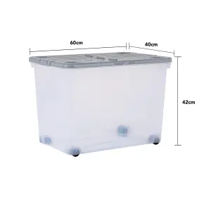 3 x Wham 80L Stackable Plastic Storage Box with Wheels & Folding Lid Clear/Cool Grey