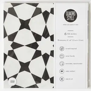 Quadrostyle Agadir Black Wall Tile and Furniture Vinyl Stickers 15cm(L) 15cm(W) pack of 6