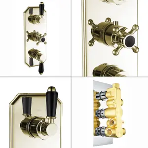 ENKI Regent English Gold Black Crosshead 3-Outlet Solid Brass Thermostatic Triple Shower Valve TSV042