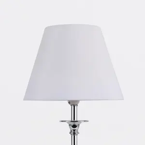 First Choice Lighting Chrome Plated Stacked Bedside Table Light with Faceted Acrylic Detailing and White Fabric Shade