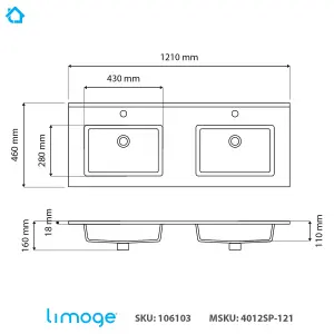 4012 Ceramic 120cm x 45cm Thin-Edge Double Inset Basin with Rect Bowl