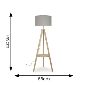 ValueLights Morrigan Light Wood Tripod Design Floor Lamp with Storage Shelf & Grey Drum Shade with LED Bulb