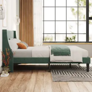 Velvet Upholstered 3FT Single Bed Frame with Winged Headboard and Wood Slat Green Bed