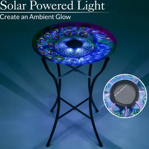 Glass Bird Bath Solar Powered LED Garden Outdoor Decoration Metal Stand Peacock Christow