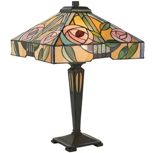 Tiffany Glass Table Lamp Light Dark Bronze & Multi Colour Rose Shade i00234