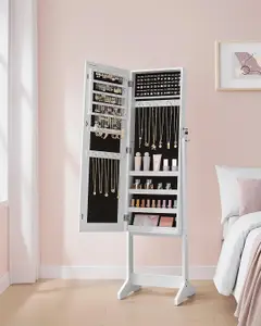 SONGMICS Full-Length Mirror Jewellery Cabinet, Standing Armoire with Lockable Storage, White Surface and Black Lining