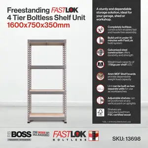 RB BOSS Garage Shelving Unit FastLok 4 Shelf MDF Galvanised Steel (H)1600mm (W)750mm (D)350mm