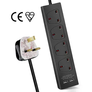 4 Way Socket with Cable 3G1.25,1M,Black,with 2 USB Charger,Child Resistant Sockets