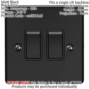 2 PACK 2 Gang Double Metal Light Switch MATT BLACK 2 Way 10A Black Trim