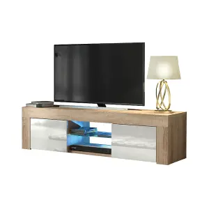 TV Unit 130cm Sideboard Cabinet Cupboard TV Stand Living Room High Gloss Doors - Oak & White