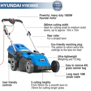 Hyundai 38cm Corded Electric 1600w/230v Roller Mulching Lawnmower HYM3800E