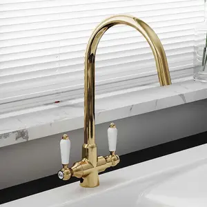 Astini Colonial English Gold & White Ceramic Handle Twin Lever Kitchen Mixer Tap