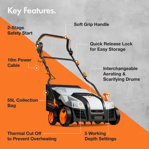 VonHaus Lawn Scarifier, Aerator & Grass Rake Electric 1800W, Dethatch/Rake Grass, Aerates Soil, 55L Box, 10m Cable, 5 Heights