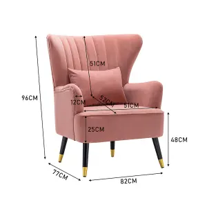 Pink Modern Velvet Upholstered Occasional Armchair Wing Back Sofa Chair with Lumbar Pillow