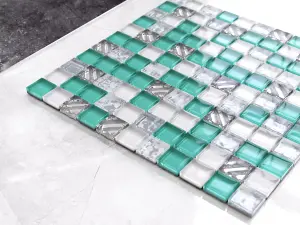 Glass mosaic on mesh for bathroom or kitchen 300mm x 300mm - Cool Mint