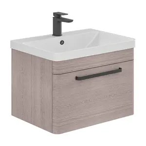 Emery Textured Grey Wall Hung Bathroom Vanity Unit & Basin Set with Black Handles (W)80cm (H)46cm