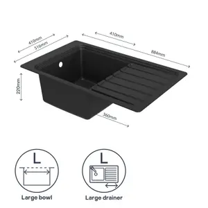 GoodHome Romesco Black Composite quartz 1 Bowl Kitchen sink set With large drainer (W)515mm (L)883mm