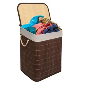 MantraRaj Bamboo Foldable Laundry Basket With Lid 65L Square Hamper Basket with Removable Liner Divided Organizer (Dark Brown)