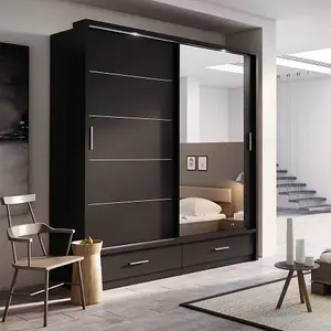 Fendi Wardrobe - 05 Sliding Door Wardrobe with Mirror & LED Lighting  Modern Storage Solution