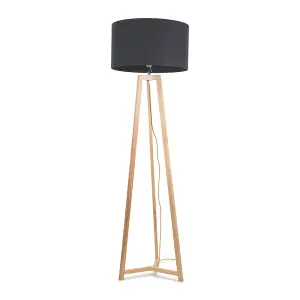 ValueLights Lottie Natural Wood Tripod Floor Lamp with Charcoal Grey Drum Shade - LED Bulb Included