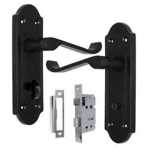 Ashford Door Handle Bathroom Lock Scroll Lever - Matt Black Chrome Bath Pack