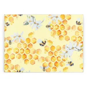 Purely Home Yellow Bee Hive Glass Worktop Protector - Large Chopping/Cutting Board Gift