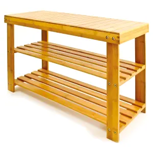 3 Tier Bamboo Shoe Rack - Wooden Shoe Stand Storage Organizer Bench for Hallway, Entryway, Living Room - H45 x W70 x D28.5cm