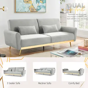 Libbie 3 Seater Light Grey Velvet Sofa Bed with Gold Detail