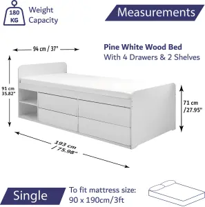 Single Wooden Cabin Bed Frame With 4 Drawers - No Mattress