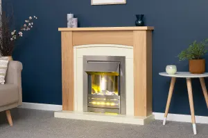 Adam Chilton Fireplace in Oak & Cream with Helios Electric Fire in Brushed Steel, 39 Inch