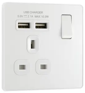 BG PCDCL21U2W Pearlescent White Evolve 1 Gang 13A 2x USB-A 2.1A Switched Socket Outlet - White Insert