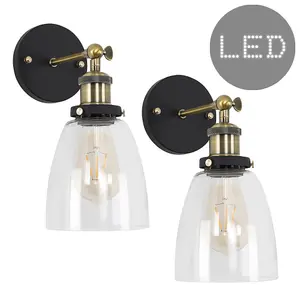 ValueLights Ambrose 2 x Antique Brass & Black Metal Adjustable Knuckle Joint Wall Light Fittings with LED Bulb