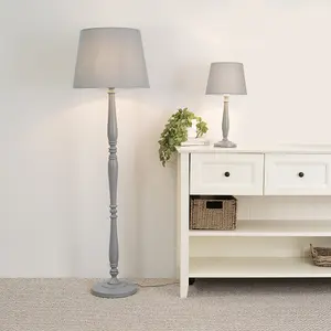 ValueLights Victoria Traditional White Wood Candlestick Floor Lamp with Grey Tapered Shade