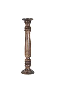 Rustic Antique Carved Wooden Pillar Church Candle Holder Light Brown, XX Large 63cm High