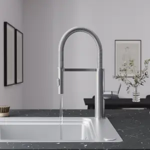 GoodHome Saffron Stainless steel effect Kitchen Spring neck Tap