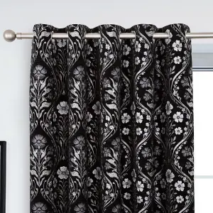 Luna Metallic Chenille Lined Eyelet Curtains - Floral Design Black & Silver Curtains for Bedroom or Living Room - 165 x 229cm