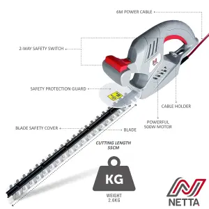 NETTA 500W Wired Hedge Trimmer and Cutter With 50cm Diamond Cutting Blade