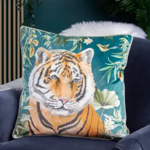 Wylder Orient Tiger Head Digitally Printed Piped Velvet Feather Rich Cushion