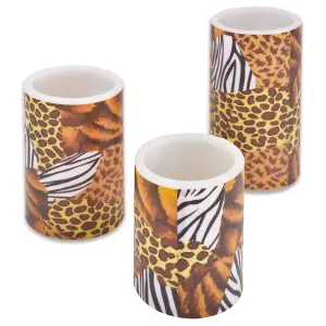 3 x Animal Print Real Wax LED Pillar Candles - Battery Powered Flickering Light Home Decoration - 1 of Each 10, 12 & 15cm