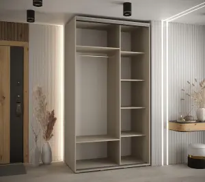 Modern Cashmere & Black Sliding Door Wardrobe H2350mm W1400mm D600mm - Space-Saving Design with Mirrored Panel