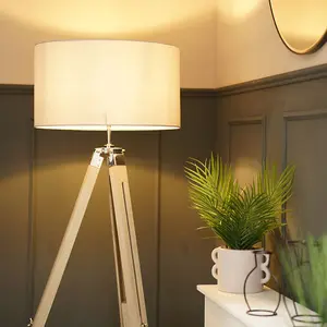 ValueLights Clipper Modern Light Wood & Chrome Tripod Floor Lamp with Grey Drum Shade - Complete with 6w LED Bulb 3000K Warm White